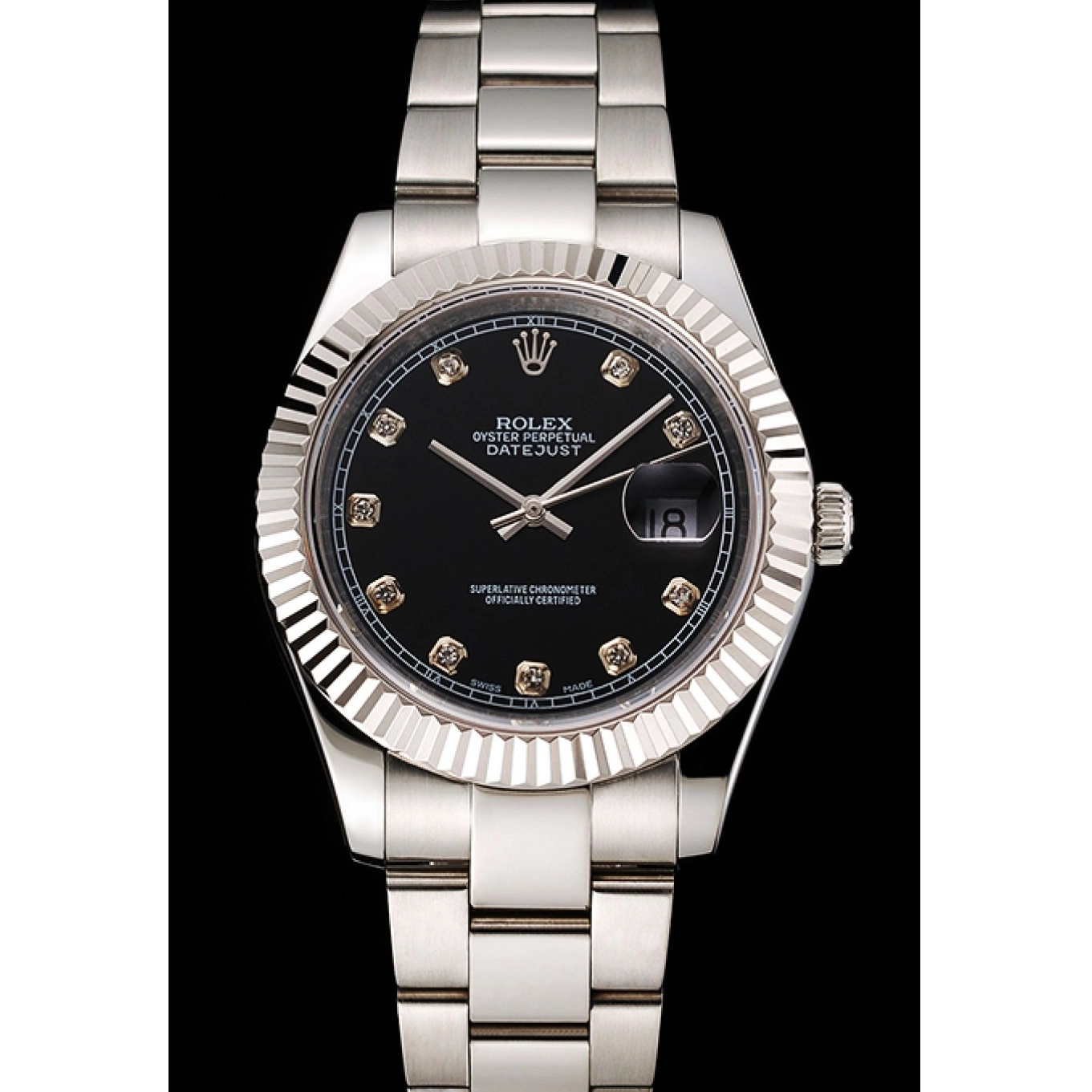MiroTime 0730 Swiss Rolex Datejust Black Dial Dimond Hour Marks Stainless Steel Case And Bracelet